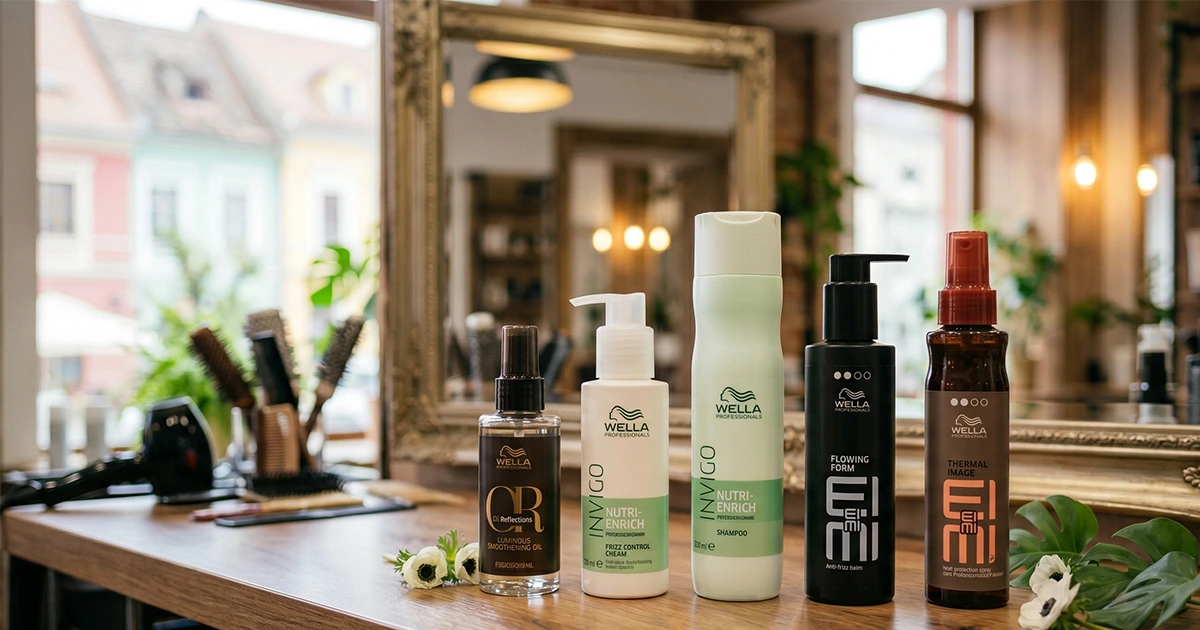 Gama Wella Professionals pentru ingrijirea parului in zilele umede de primavara: Oil Reflections, Invigo Nutri-Enrich Frizz Control Cream, sampon Nutri-Enrich, EIMI Flowing Form si EIMI Thermal Image