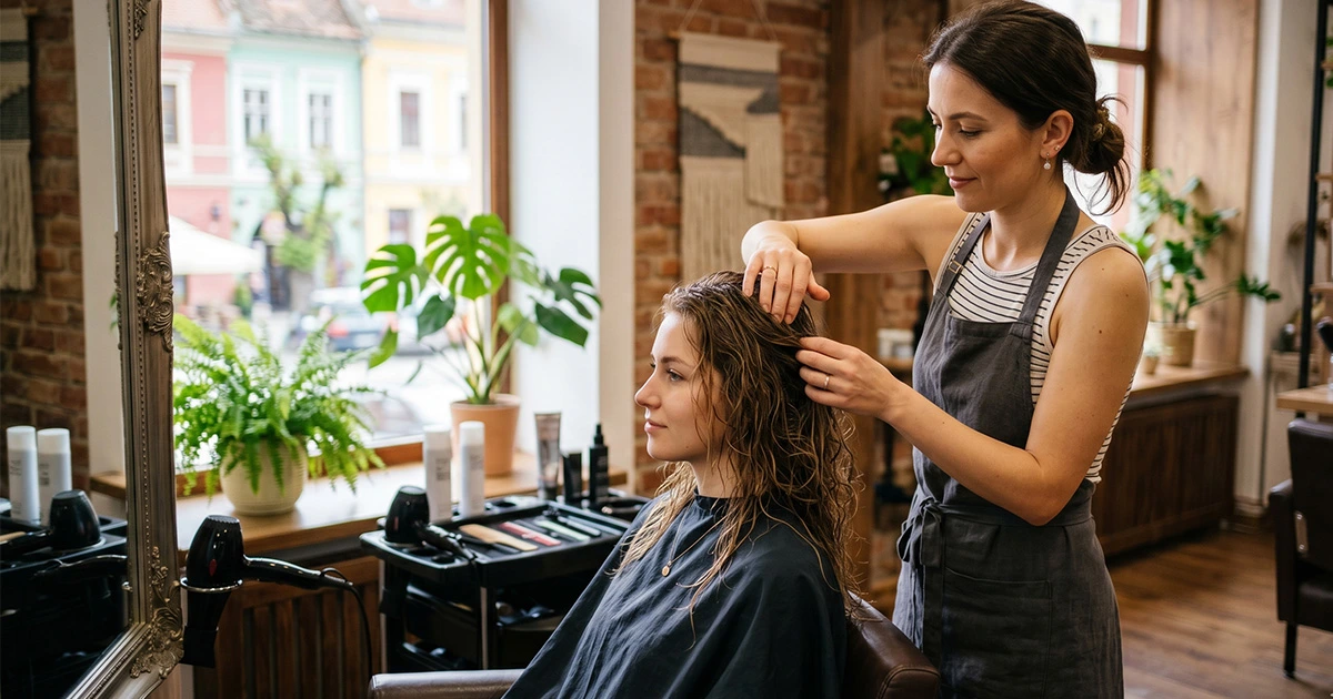 Stilista profesionista din Brasov aplicand ser Wella Oil Reflections pe parul clientei inainte de uscare