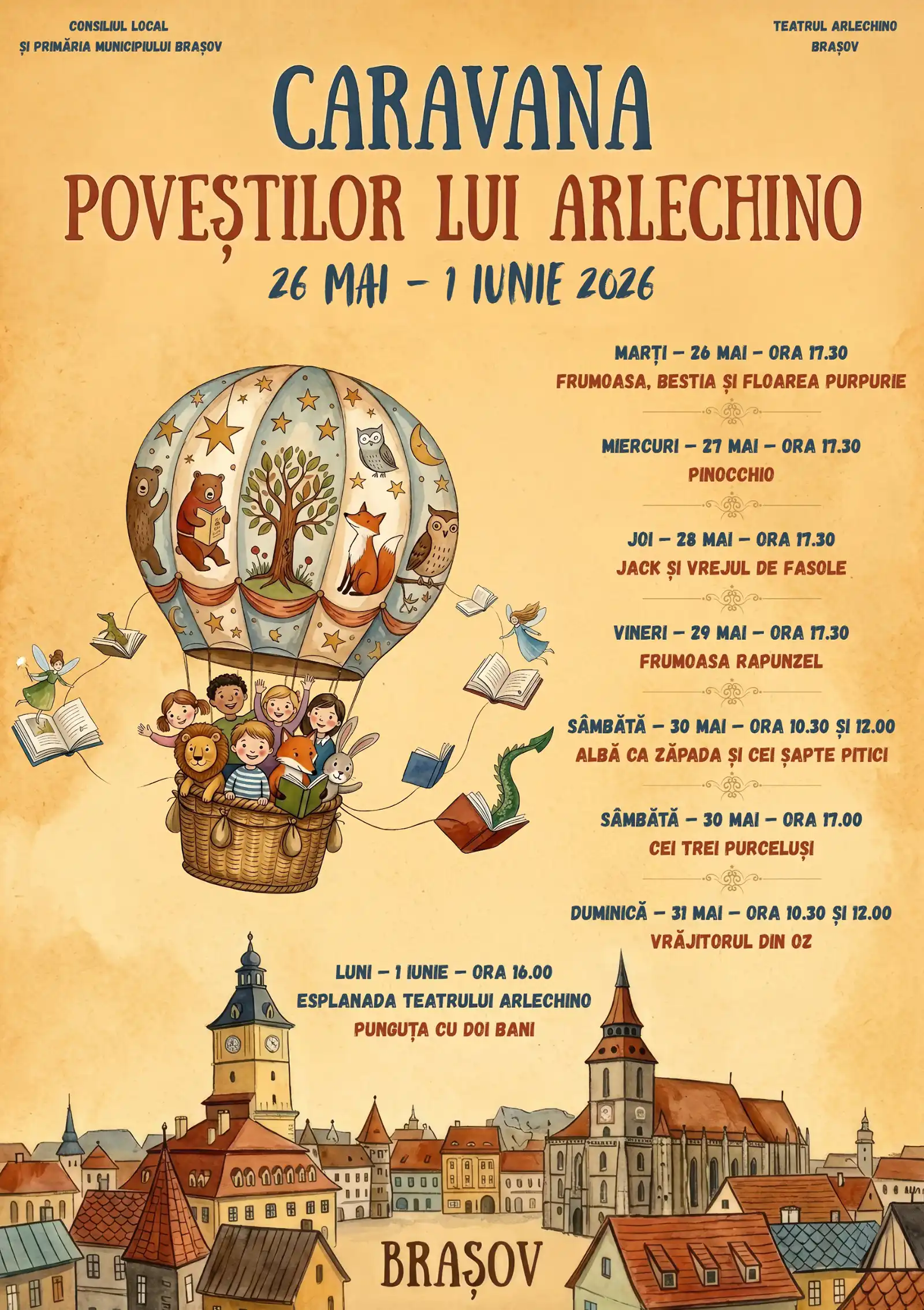 Caravana Poveștilor lui Arlechino 2026 – spectacole de teatru pentru copii și familie, între 26 mai și 1 iunie