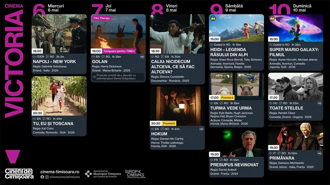 Ce filme rulează săptăm&acirc;na aceasta la Cinema Victoria, Cinema Timiș, Cinema Studio și Cinema Johnny (6&ndash;10 mai)