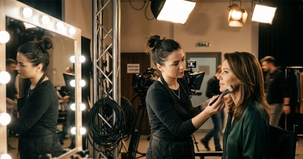 Machiaj rezistent la căldură aplicat în culisele unui studio TV