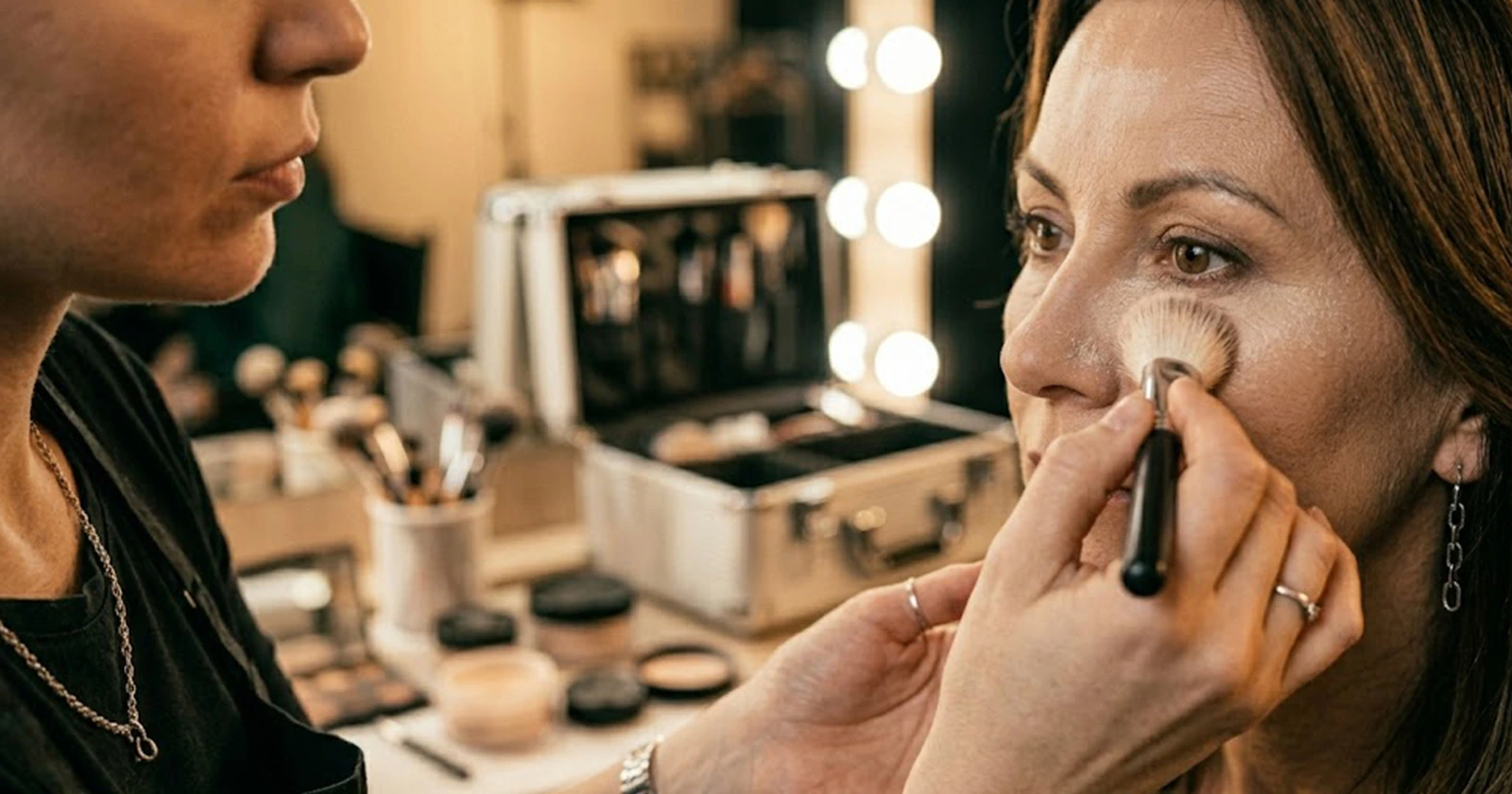 Makeup artist aplică pudră transparentă prin tehnica baking
