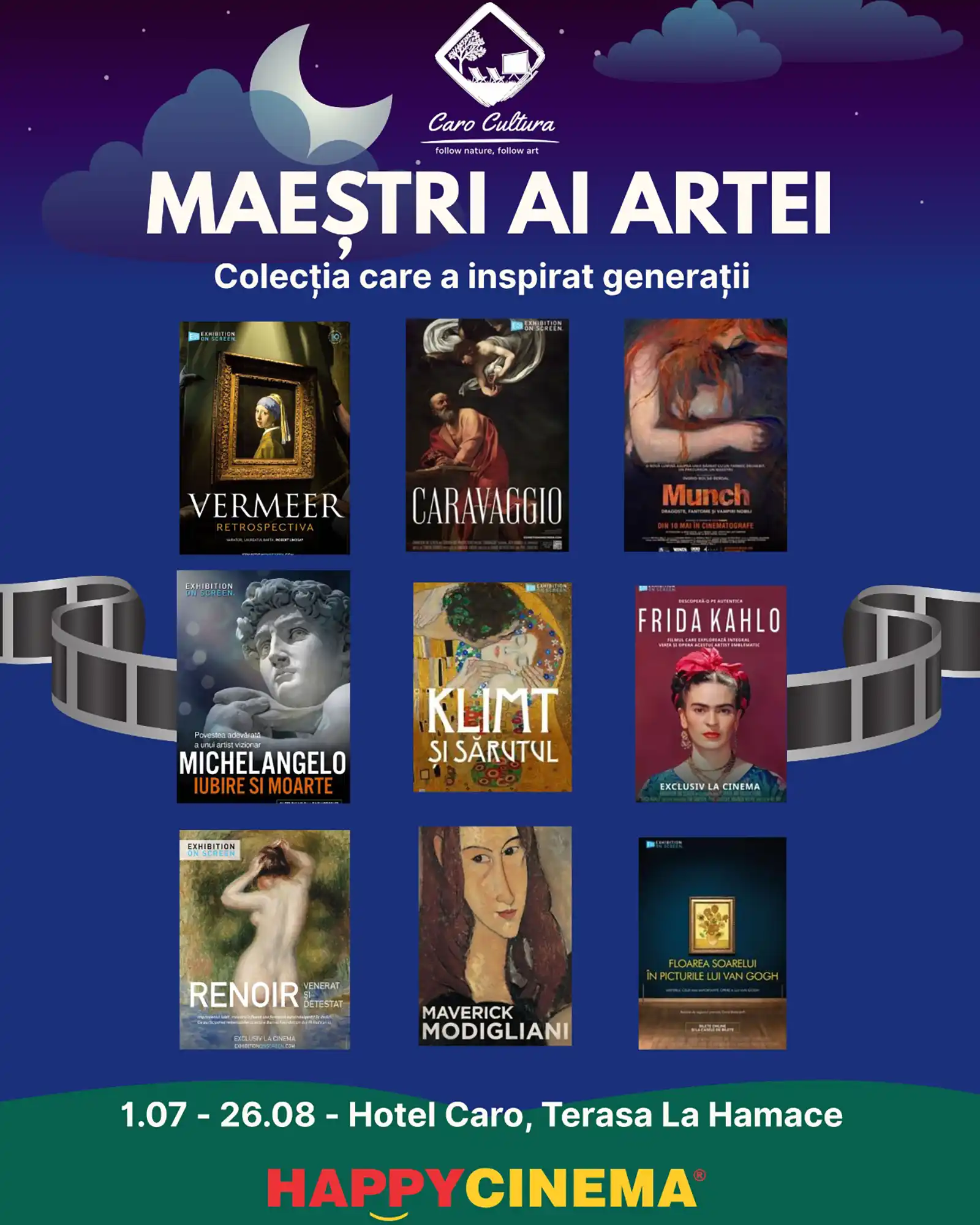 Arta prinde viață sub cerul liber: Happy Cinema și Caro Cultura aduc capodoperele marilor maeștri ai picturii pe terasa Hotelului Caro