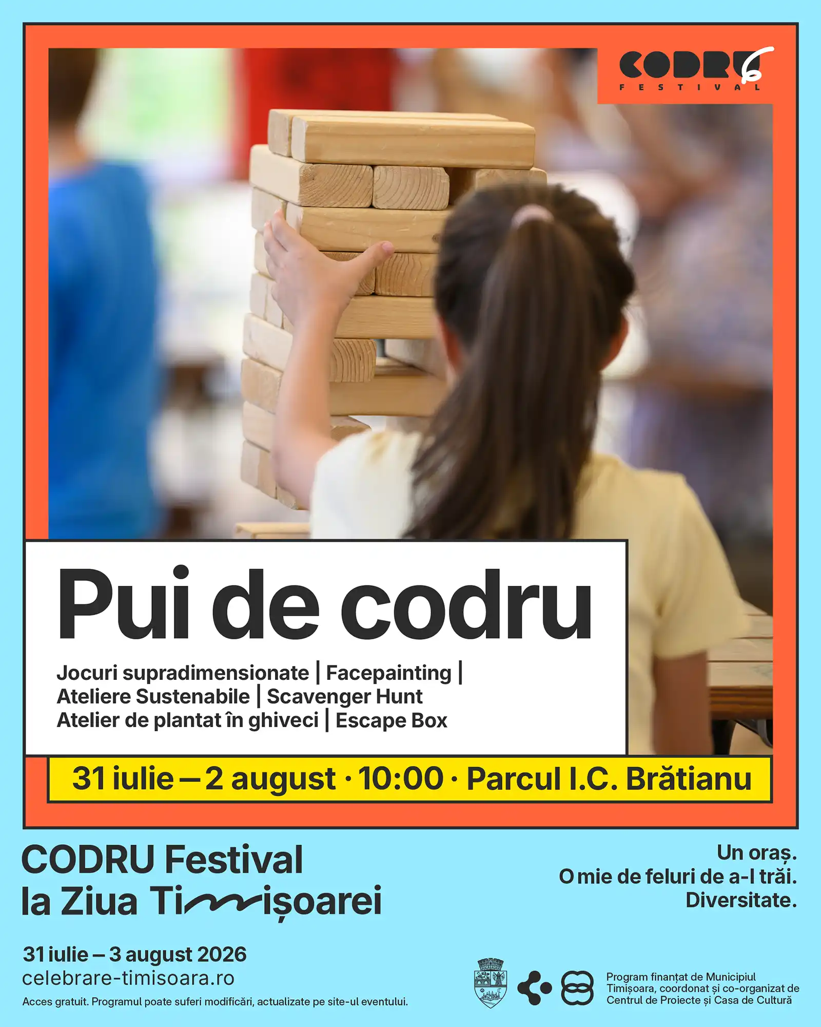CODRU, festivalul care protejează natura prin muzică, educație și acțiuni de mediu, vine la Ziua Timișoarei cu activități pentru copii și experiențe &icirc;n aer liber.&nbsp;