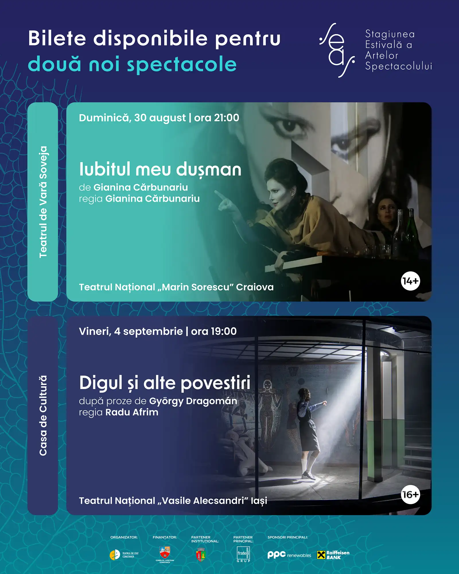 Biletele pentru spectacolele „Iubitul meu dușman” și „Digul și alte povestiri” se pun în vânzare