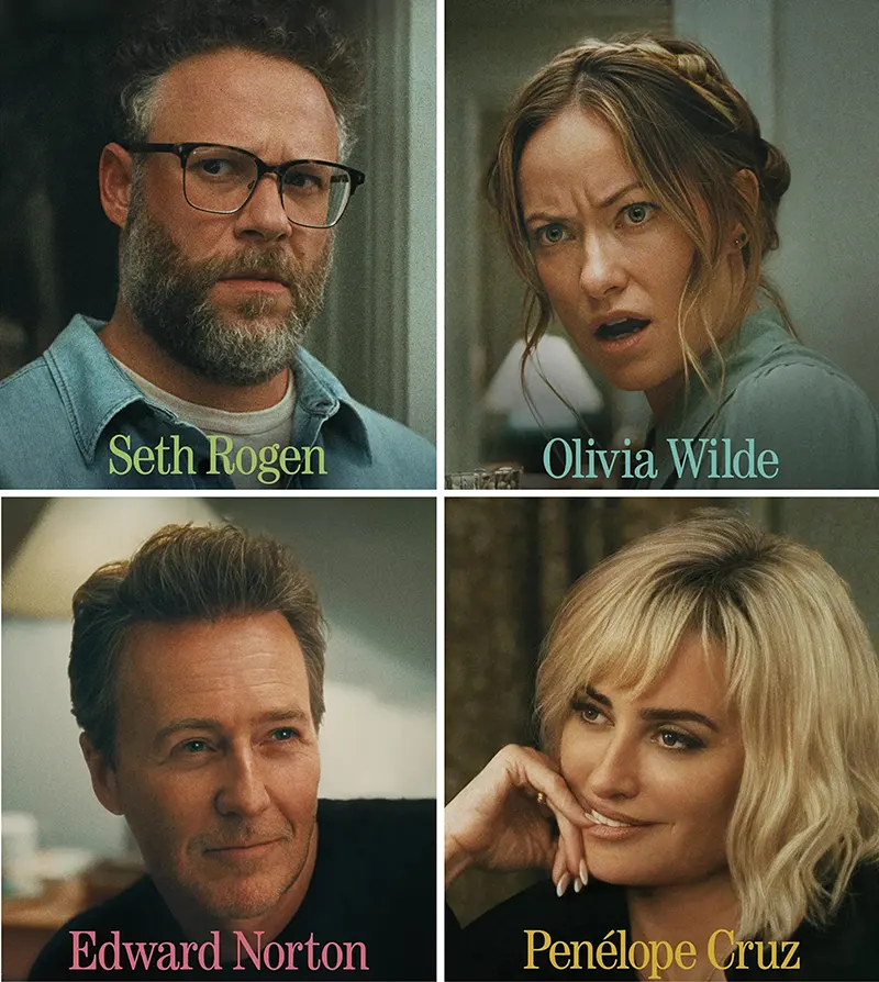 Protagoniștii Seth Rogen, Olivia Wilde, Penelope Cruz și Edward Norton în filmul The Invite