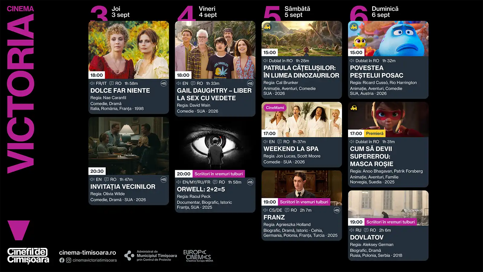 Programul saptamanii 3 - 6 septembrie, la Cinema Victoria