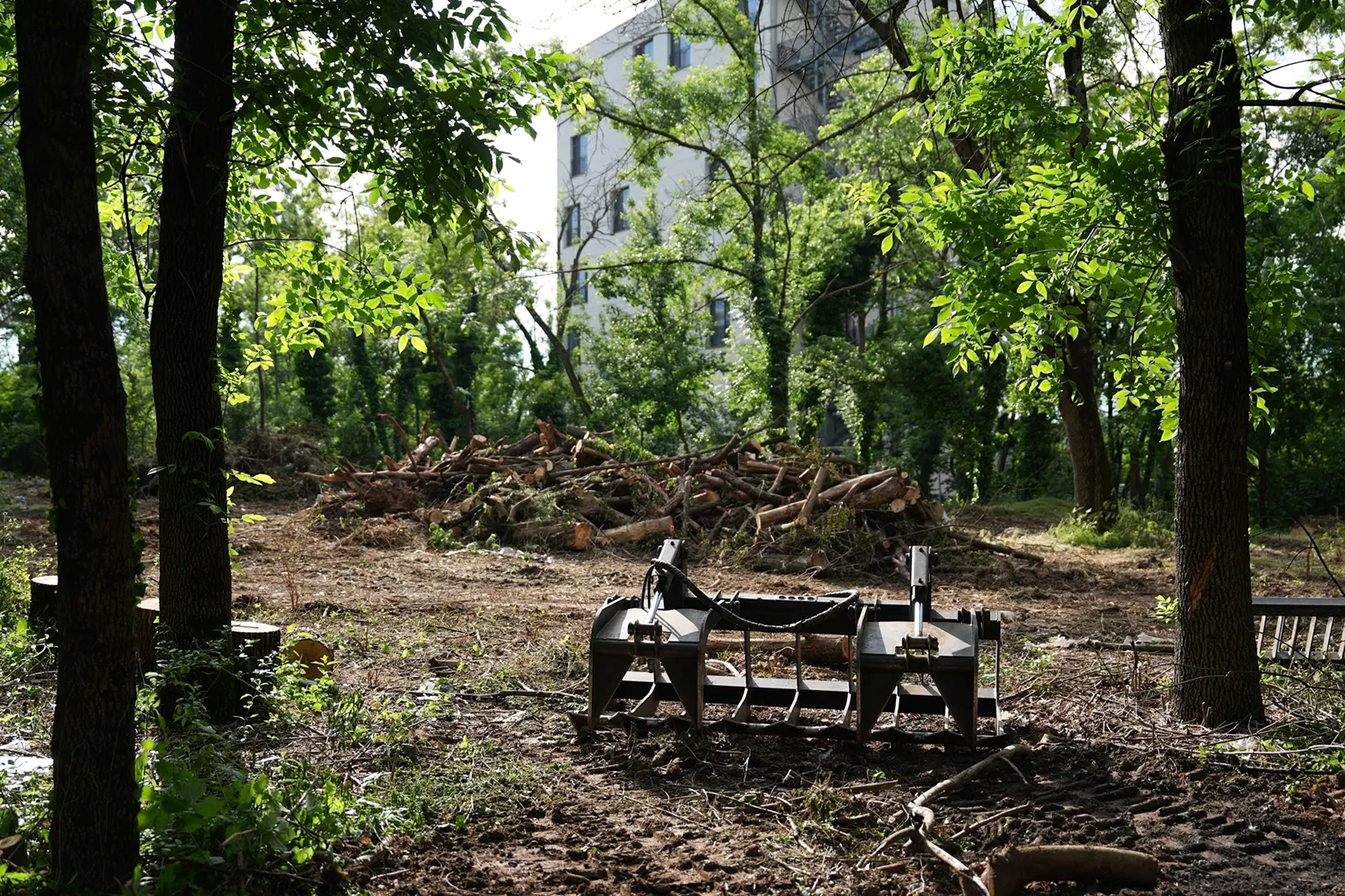 Teren urban cu vegetație și utilaj documentat în cadrul The Urban Green Blueprint