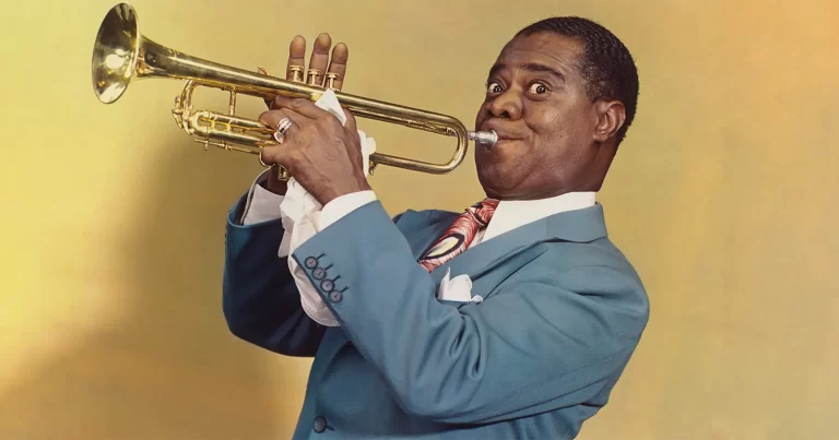 Portret Louis Armstrong, trompetist și cântăreț de Jazz