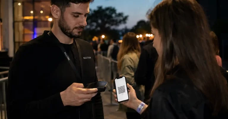 Operator Noctiva scanează biletul unui participant la intrarea într-un eveniment.