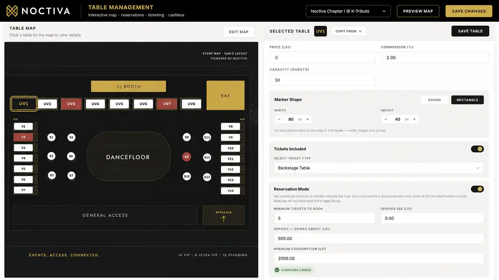 Tables booking admin - ticketing - cashless - Noctiva