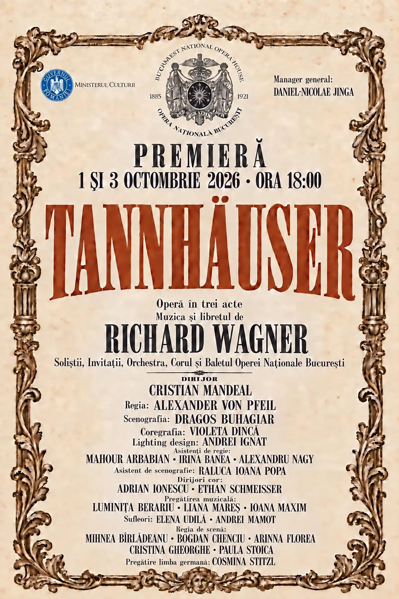 Premiera „Tannhäuser” de Wagner sub conducerea muzicală a lui Cristian Mandeal deschide stagiunea 2026-2027 la Opera Națională București