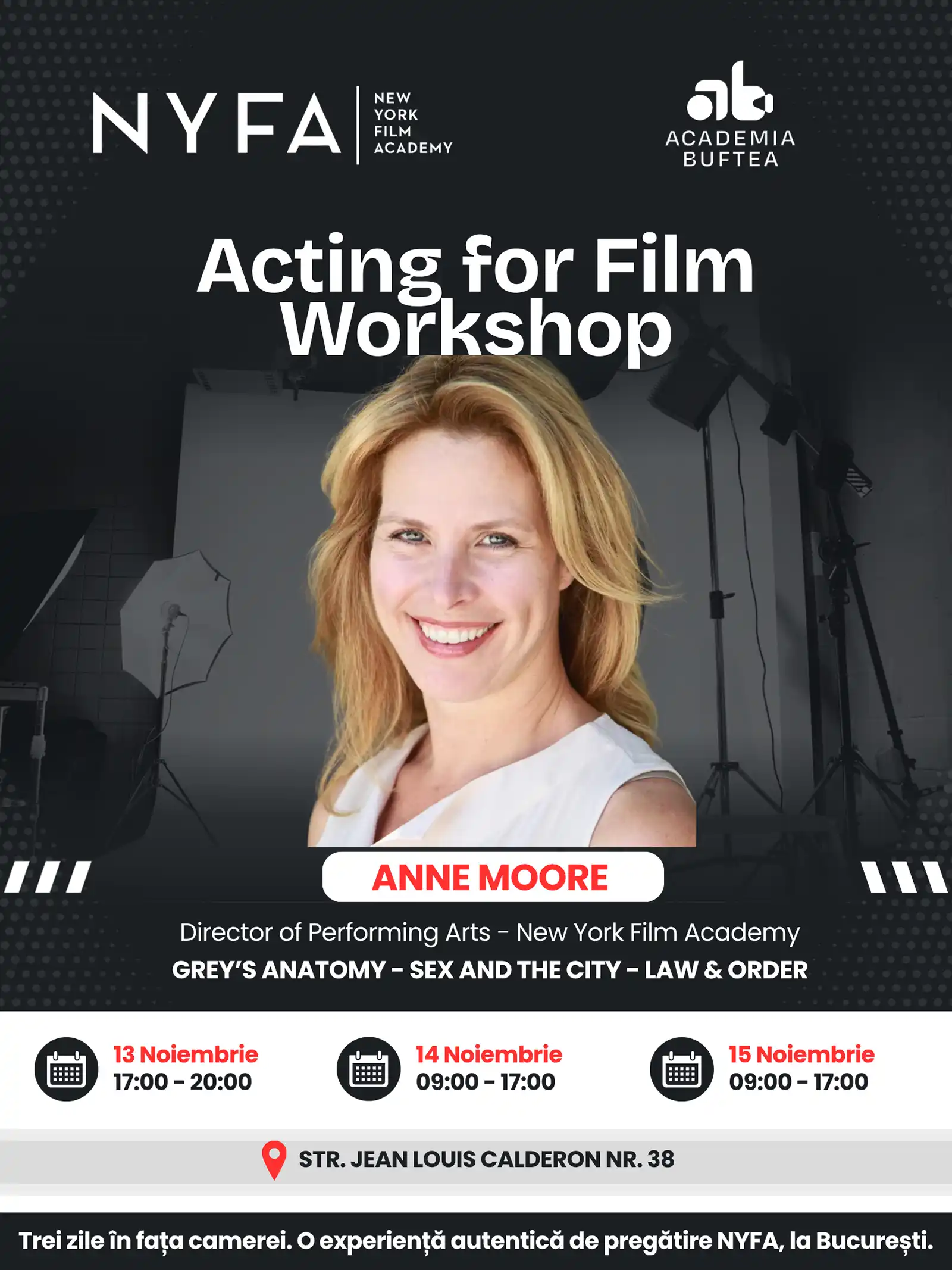 Anne Moore, cunoscută din rolurile din „Grey’s Anatomy” și „Sex and the City”, susține un workshop de actorie la București