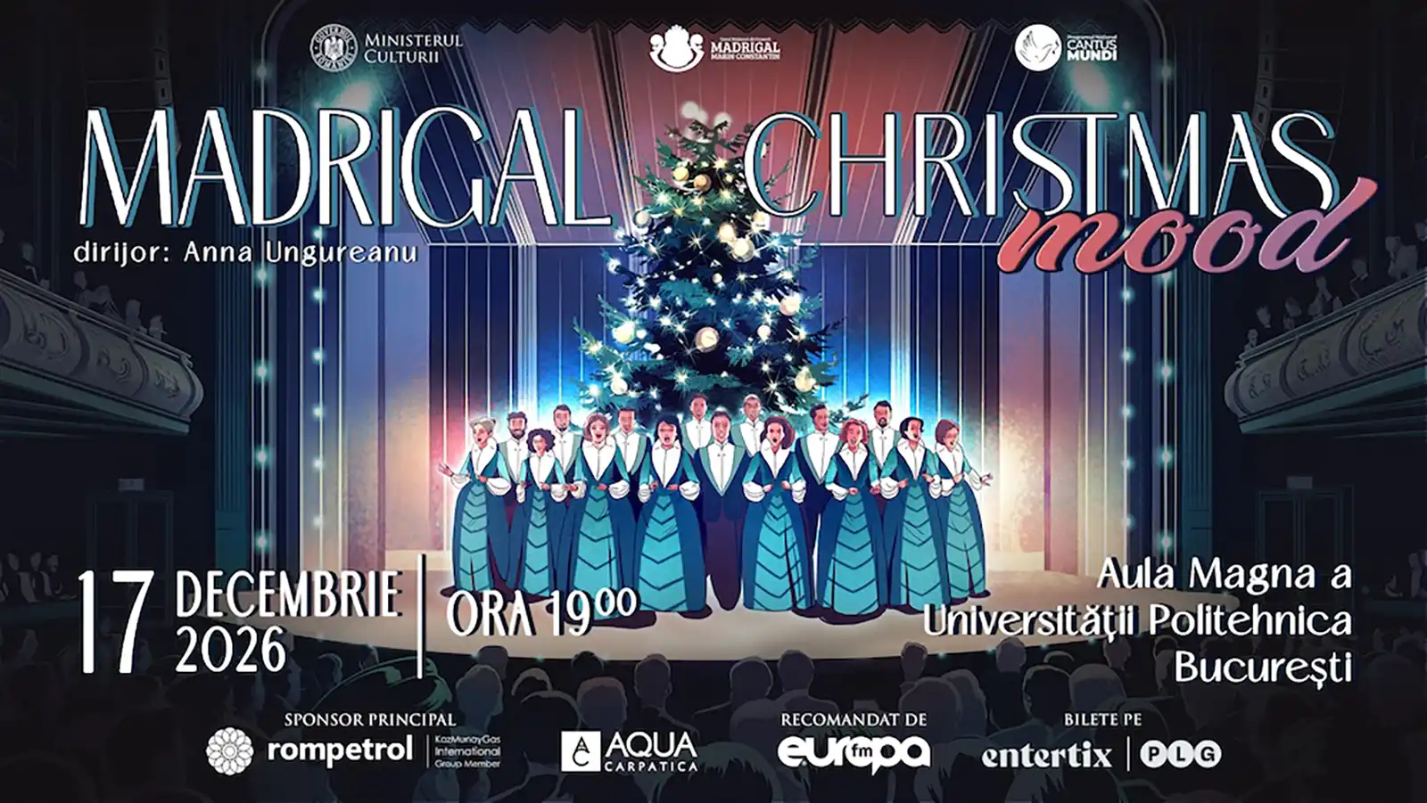 Corul Madrigal, dirijat de Anna Ungureanu, susține turneul „Madrigal de Crăciun” în decembrie 2026, cu 10 spectacole în Brașov, Cluj-Napoca, Timișoara, Oradea, Constanța, Tulcea, București și Craiova. Programul complet și biletele sunt disponibile online.