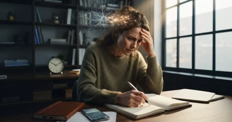 Femeie la birou, într-un moment de oboseală și îngrijorare | anxietatea de toamnă