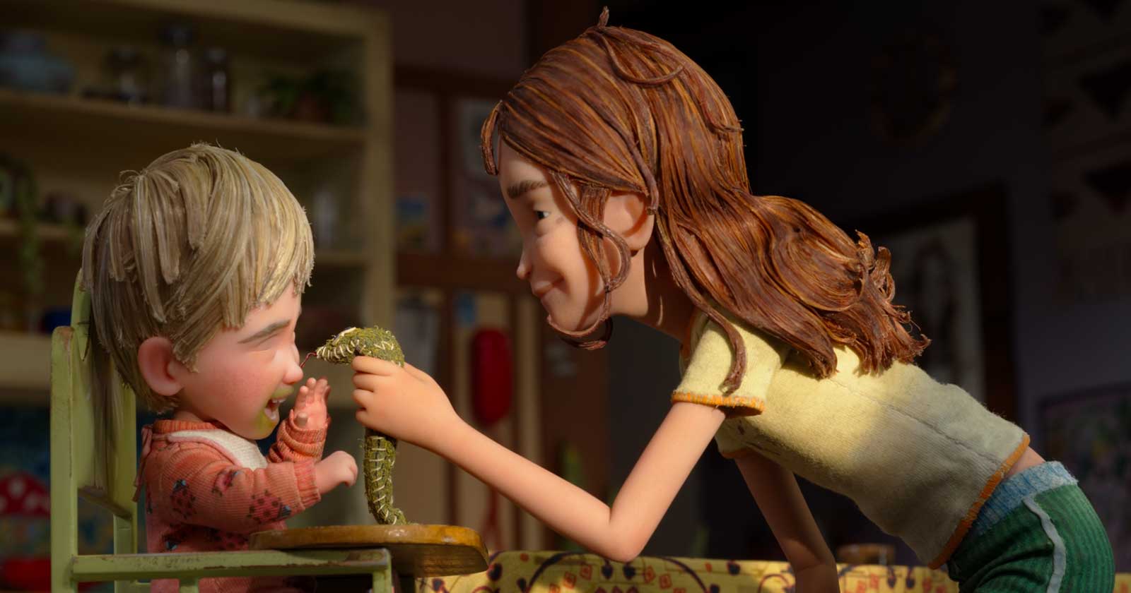 Scenă din Wildwood cu o fată și un copil mic, animație stop-motion LAIKA