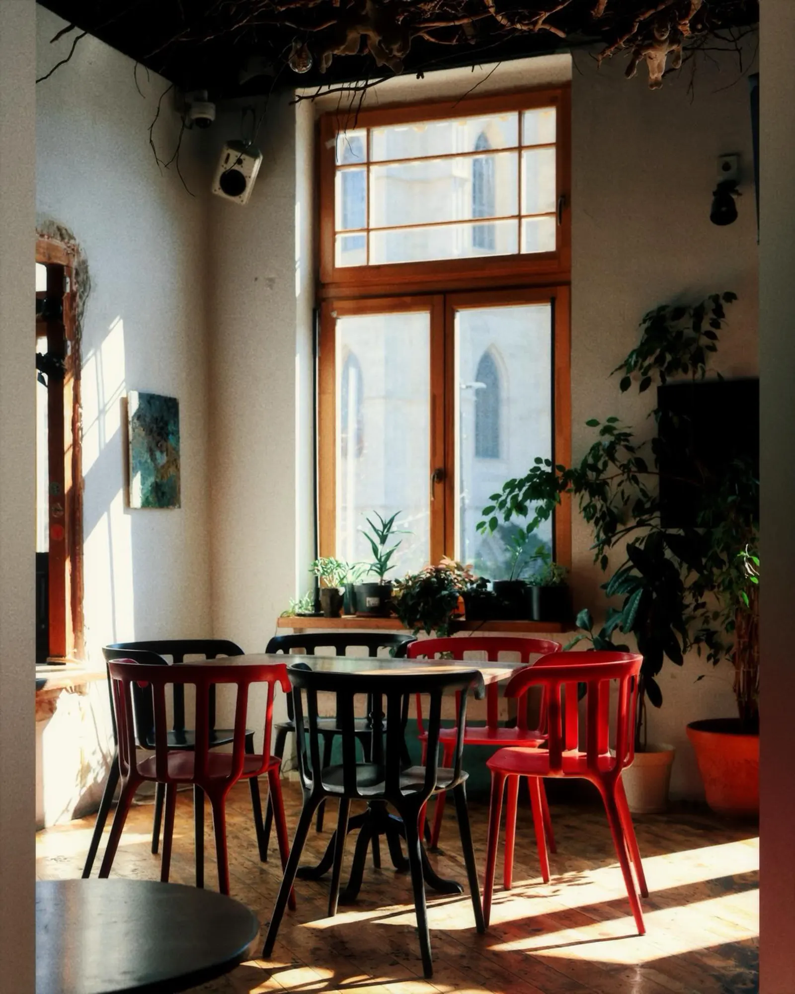 Interiorul barului Yolka din Cluj-Napoca, cu mese și scaune